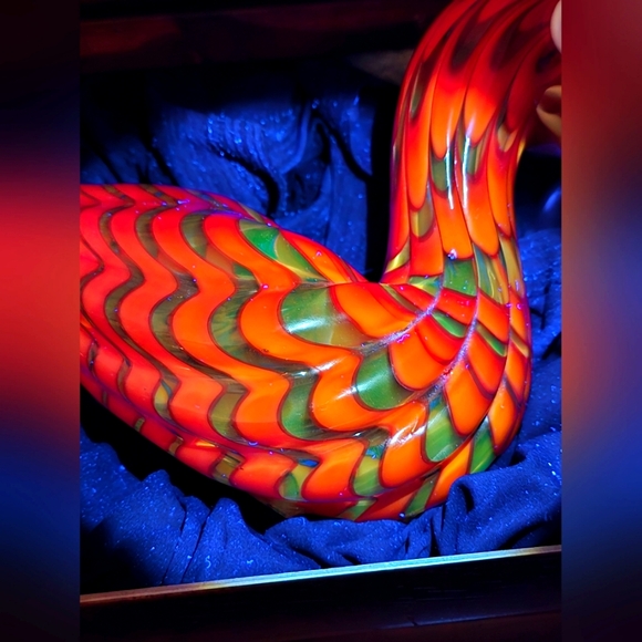 Murano Style Type Duck 9"L x 5"W x 7"H - Vibrant Reddish Orange Swirl Colors - Picture 8 of 12